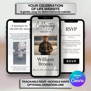 Könnte beinhalten: Drei Smartphones zeigen eine Gedenk-Website. Der zentrale Bildschirm zeigt ein Foto eines Mannes mit dem Text „Celebrating the Life of William Brooks“. Andere Bildschirme zeigen Erinnerungen und eine RSVP-Option.