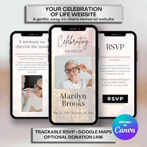 May include: Three smartphones displaying a memorial website. The central phone shows a photo of Marilyn Brooks, with the text "Celebrating the Life of Marilyn Brooks." The other phones show related content, including an RSVP option.