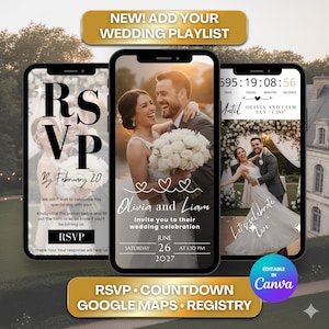 Peut inclure: Trois smartphones affichent des graphiques sur le thème du mariage. Le téléphone central montre un couple s'embrassant, avec le texte "Olivia et Liam" et les détails du mariage. D'autres téléphones affichent des informations RSVP et un compte à rebours. L'image comprend le texte "NEW! ADD YOUR WEDDING PLAYLIST".
