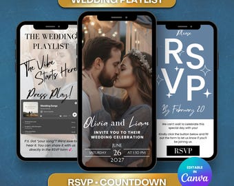Página web de boda estilo boho azul polvoriento, confirmación de asistencia, lista de reproducción, cuenta atrás (plantilla de Canvas)