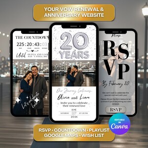 Op de afbeelding: Een digitaal uitnodigingsontwerp voor een website voor een huwelijksgelofte en jubileum. Het ontwerp toont drie smartphoneschermen met evenementdetails, waaronder een countdown, RSVP-informatie en een foto van het stel. De tekst "20 Years".