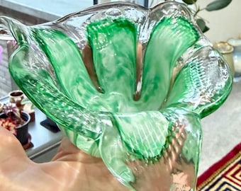 Vintage Murano Art Glass Bowl Green White Swirl Petal Dish Italy Hand Blown Decor