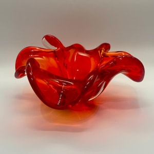 Vintage Red Murano Art Glass Bowl | Hand Blown Venetian Glass | Mid Century Centerpiece Decor