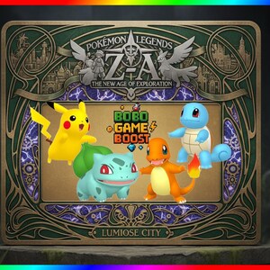 Op de afbeelding: Een rechthoekige afbeelding met de tekst "POKÉMON LEGENDS Z-A" en "THE NEW AGE OF EXPLORATION". De afbeelding bevat Pikachu, Bulbasaur, Charmander en Squirtle. De tekst "BOBO GAME BOOST" en "LUMIOSE CITY" zijn ook zichtbaar.