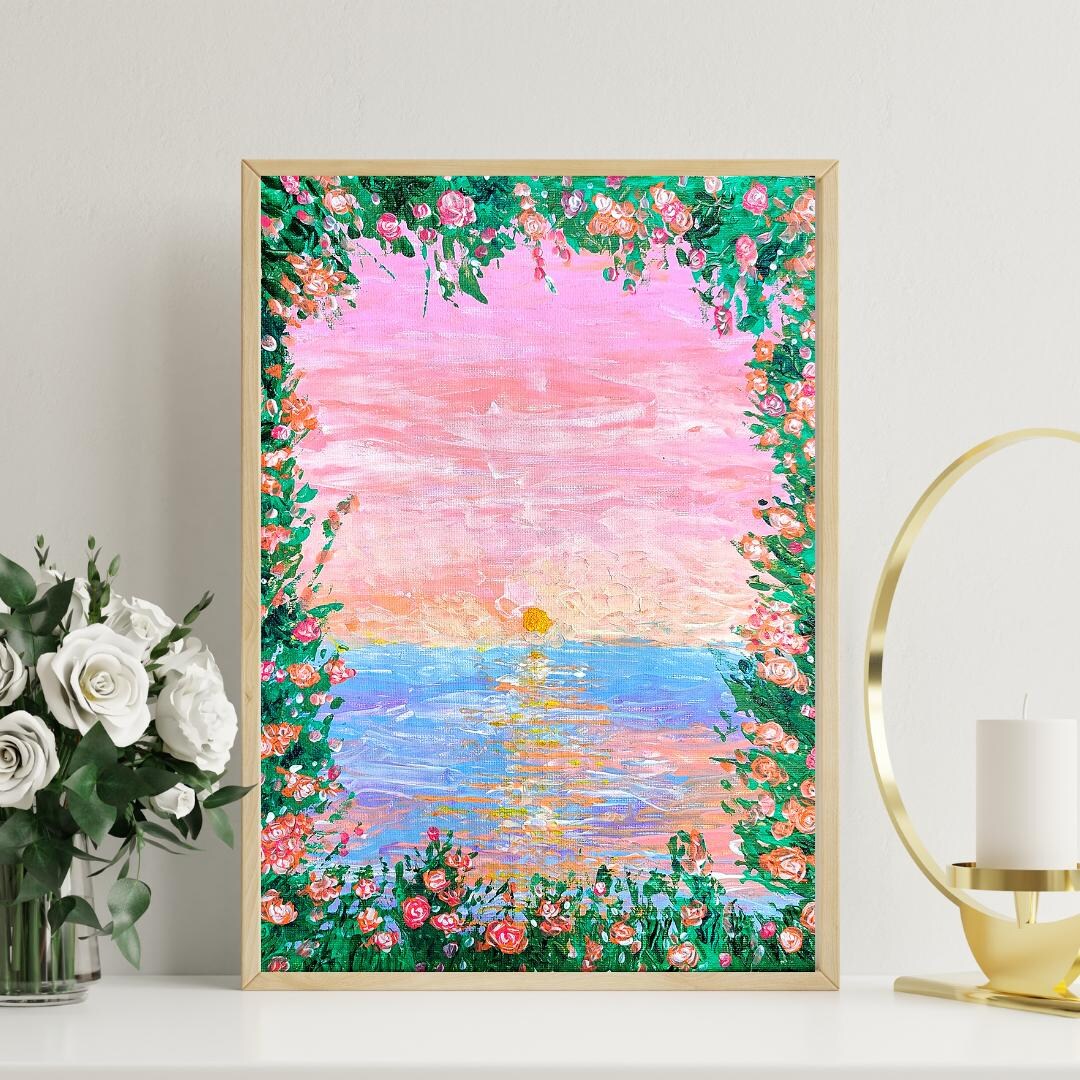 Pink Floral Sunset Print, Romantic Cottagecore Landscape (digital ...