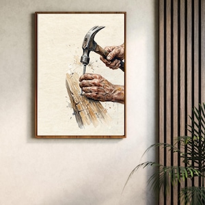 Peut inclure: Peinture à l'aquarelle représentant un marteau enfonçant un clou dans du bois. L'œuvre présente des mains tenant le marteau et le clou, avec un fond neutre et un cadre en bois.