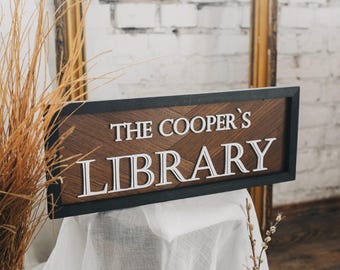 Personalized Family Library Sign with Last Name: Custom Book Room Gift