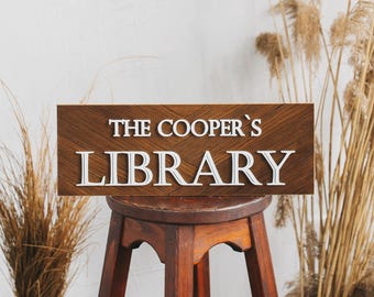 Library Sign with Last Name: Personalized Family Book Room Gift