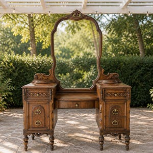 May include: An antique wooden vanity with a large, ornate mirror. The vanity has two side cabinets with drawers and a central drawer. The wood is a warm brown color, and the piece has decorative carvings. The vanity is set on a stone patio with greenery in the background.