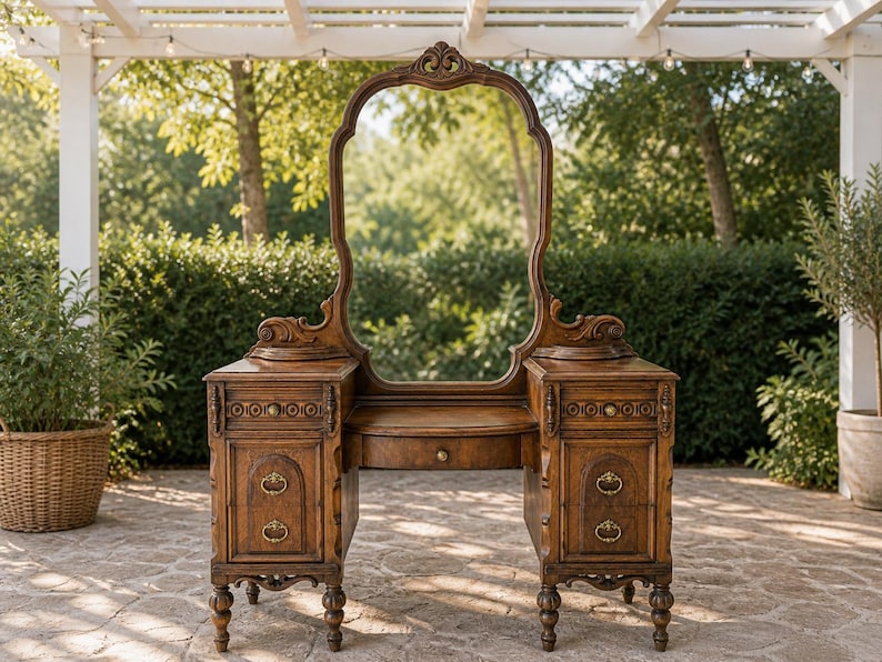 May include: An antique wooden vanity with a large, ornate mirror. The vanity has two side cabinets with drawers and a central drawer. The wood is a warm brown color, and the piece has decorative carvings. The vanity is set on a stone patio with greenery in the background.