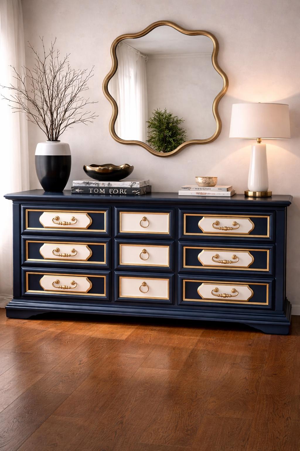 navy gold dresser Elegant Navy Blue and Gold Accent Chest | Luxury Handmade Dresser
