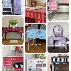 May include: A collage of painted desks and vanities in various colors and styles. The desks feature ornate details, drawers, and decorative accents. Colors include pink, purple, blue, and red, with gold hardware and striped patterns.