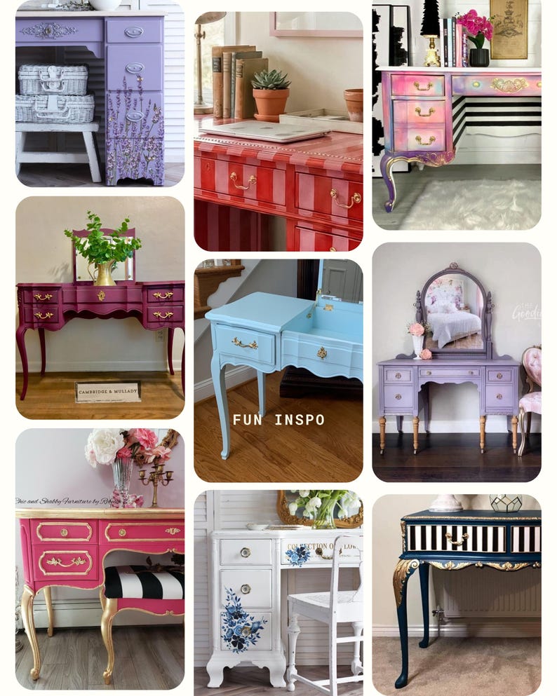 May include: A collage of painted desks and vanities in various colors and styles. The desks feature ornate details, drawers, and decorative accents. Colors include pink, purple, blue, and red, with gold hardware and striped patterns.