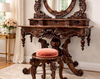 Tocador de estilo rococó victoriano, tocador de madera ricamente tallada con espejo y taburete, tocador antiguo de nogal, pieza de diseño.