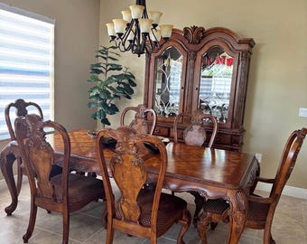 Traditional Claw Feet Dining Set + China Cabinet | Solid Wood | Ornate Carved Details | 8 Chairs Included Available to Customize