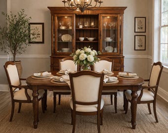 Traditional Solid Wood Dining Set with Lighted China Cabinet Hutch – 6 Chairs, Warm Walnut Finish, Formal Dining Room Furniture