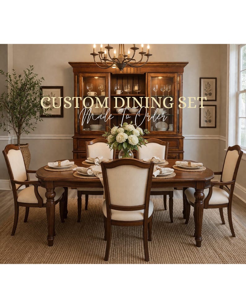 Custom Traditional Solid Wood Dining Set With Lighted China Cabinet ...