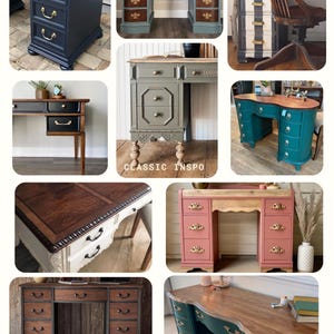 May include: A collage of various antique desks, showcasing diverse styles and colors. Desks feature drawers with brass hardware, ornate detailing, and painted finishes in shades of blue, green, pink, and gray. Some have wooden tops, while others have decorative legs.