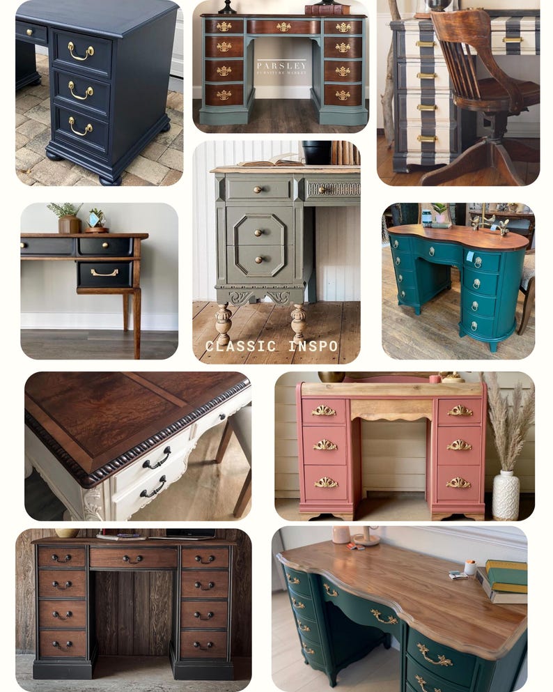 May include: A collage of various antique desks, showcasing diverse styles and colors. Desks feature drawers with brass hardware, ornate detailing, and painted finishes in shades of blue, green, pink, and gray. Some have wooden tops, while others have decorative legs.