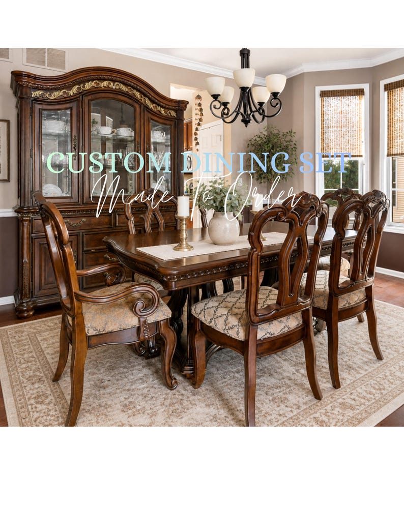 Custom Traditional Solid Wood Dining Set With Ornate China Cabinet, 8 ...