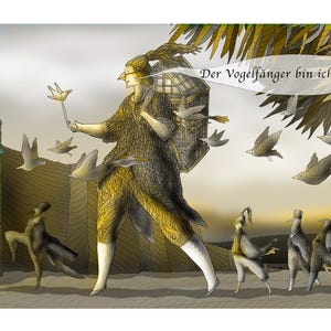 Op de afbeelding: Een illustratie toont een figuur in gele en grijze kleding, met een vogelkooi en omringd door vogels in vlucht. De figuur heeft een vogelachtige neus en een tekstballon met Duitse tekst.