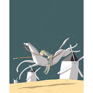 Könnte beinhalten: Illustration eines Ritters auf einem weißen Pferd, der auf Windmühlen zustürmt. Der Ritter trägt eine Rüstung und trägt eine Lanze. Der Hintergrund ist ein türkisblauer Himmel und ein beiges Feld. Die Windmühlen sind weiß mit schwarzen Details.