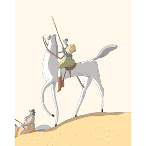 Könnte beinhalten: Eine minimalistische Illustration zeigt eine Figur auf einem weißen Pferd, das einen Speer und einen Schild hält. Der Reiter trägt einen Helm und eine Tunika. Eine weitere Figur sitzt auf einem Hügel. Begrenzte Farbpalette.
