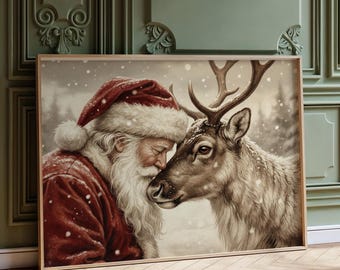 Vintage rustieke kunst aan de muur kerstman en rendieren, afdrukbaar kerstdecor, klassieke vakantieprint, winter Xmas Christmas muurafdrukkunstwerk