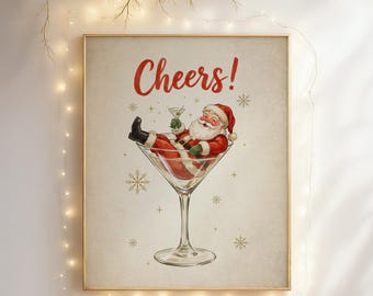 Plakat "Cheers Santa Claus", zabawna sztuka ścienna w stylu retro, wydruk koktajlowy w stylu vintage, dekoracja wózka barowego Santa Martini, pobieranie cyfrowe