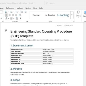 May include: A computer screen displays a Microsoft Word document titled "Engineering Standard Operating Procedure (SOP) Template." The document includes sections for document control, purpose, and scope, with editable fields.