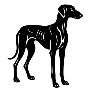 May include: A black and white graphic illustration of a dog in a standing pose. The dog has a slender build, with long legs and a curved tail. The design is minimalist, with clean lines and a solid black silhouette.