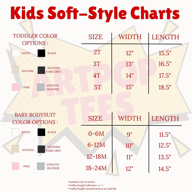 a chart with various color options for children's clothing, including toddler sizes and widths. The chart provides a visual representation of the different color choices and corresponding sizes for each option.