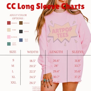The image is a collage of images featuring a woman wearing a pink long sleeve shirt with a graphic design. The image includes a chart with information about the size, width, and length of the shirt, as well as the sleeve length.
