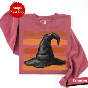 A pink long-sleeved t-shirt with a graphic of a witch's hat printed on it.