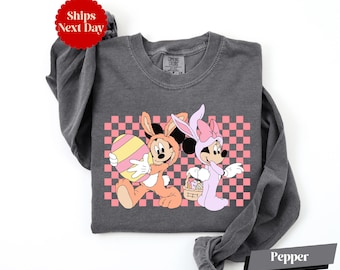 Comfort Colors® Mickey and Minnie Easter Long Sleeve & Shirt, Checkered Easter Shirt, Couples Easter Shirt, Disney Easter Vibes Shirt