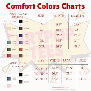 a color chart for comfort clothing, including sizes and widths for various colors. The chart provides color options for different age groups, such as youth colors and adult colors. The chart also includes measurements for the width and length of the clothing items. The chart is designed to help customers choose the appropriate size and color for their needs.