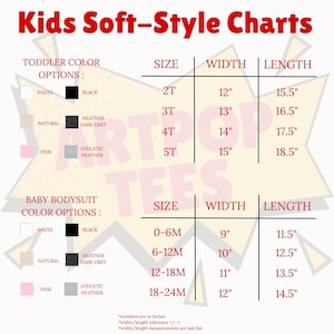 a chart with various color options for children's clothing, including toddler sizes and widths. The chart provides a visual representation of the different color choices and corresponding sizes for each option.