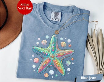 Retro Starfish Shirt, Sea Life Shirt, Beach Shirt, Summer Vibes Shirt, Starfish Lover Gift, Seashell Tee, Comfort Colors® Summer Long Sleeve