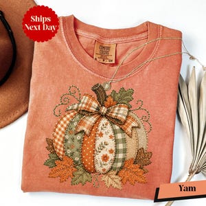 May include: A terracotta-colored short-sleeve t-shirt featuring a central embroidered pumpkin design. The pumpkin is composed of various fabric-like patches in orange, green, and beige with floral and plaid patterns, topped with a plaid bow and autumn leaves.