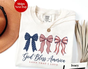 God Bless America Shirt, Land That I Love Shirt, USA Coquette Bow Long Sleeve, Comfort Colors® 4th of July Party Shirt, Patriotic Women Gift