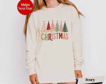 Merry Christmas Long Sleeve & Shirt, Christmas Tree Shirt, Comfort Colors® Christmas Party Apparel, Xmas Holiday Shirt, Winter Season Shirt