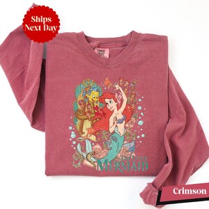 A pink long-sleeved shirt with a printed design featuring characters from the Disney animated film "The Little Mermaid".