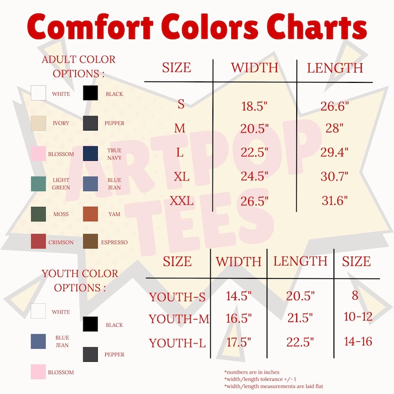 a color chart for comfort clothing, including sizes and widths for various colors. The chart provides color options for different age groups, such as youth colors and adult colors. The chart also includes measurements for the width and length of the clothing items. The chart is designed to help customers choose the appropriate size and color for their needs.