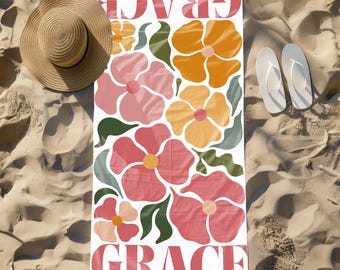 Personalized Boho Floral Beach Towel, Custom Pool Towel, Retro Flower Towel, Girls Getaway Gift, Summer Vacation Accessory