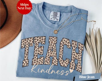 Teach Kindness Leopard Print Teacher Shirt | Back to School Gift for Educator | Boho Animal Print Teacher Appreciation Graphic Tee Cute Funn
