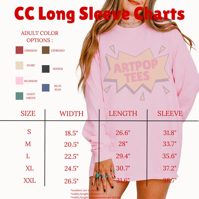 The image is a collage of images featuring a woman wearing a pink long sleeve shirt with a graphic design. The image includes a chart with information about the size, width, and length of the shirt, as well as the sleeve length.