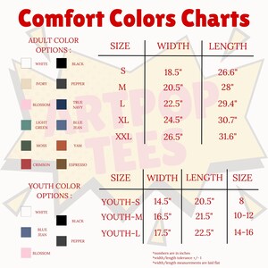 a color chart for comfort clothing, including sizes and widths for various colors. The chart provides color options for different age groups, such as youth colors and adult colors. The chart also includes measurements for the width and length of the clothing items. The chart is designed to help customers choose the appropriate size and color for their needs.