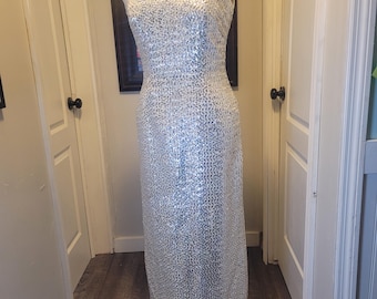 Vintage 1960s Silver Sequin Column Gown, modern Size 8
