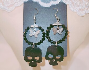 Edgy Butterfly and Skull Crystal Hoops