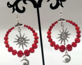 Garnet Red Beaded Hoop Earrings | Large Celestial Sun Star and Moon Charm Dangles | Witchy Statement Jewelry | Silver Tone